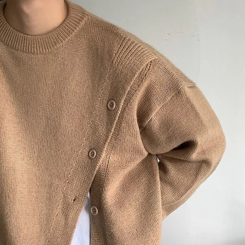 Bonsir Winter Solid O-neck Buttoned Slit Sweaters Couples Loose Casual High Street Pullovers Men Knitted Tops Male Clothes