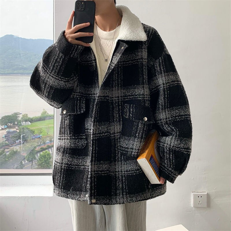 Bonsir Winter Jacket Men Warm Fashion Retro Casual Plaid Thickened Lamb Wool Jacket Men Streetwear Loose Short Coat Men Clothes S-2XL