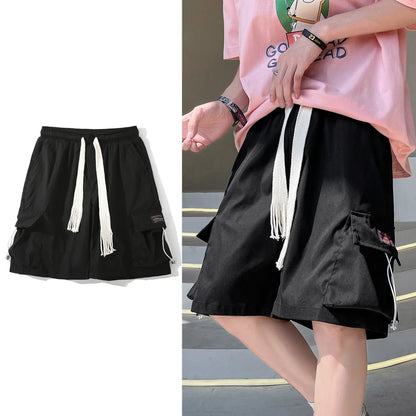 sanyamk Summer Mens Cargo Shorts Black Pocket Japanese Fashion Streetwear Hip Hop Short Pants