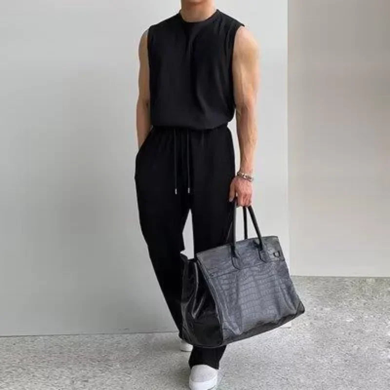 sanyamk Men Clothing Summer New Men's Ice Silk Sleeveless Tank Top Trousers Set Thin Loose Casual Daily Two Pieces Stylish Sets