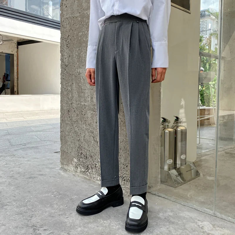 sanyamk  -  Korean Belt Suit Pants Men Fashion Solid Color Casual Dress Pants Men Loose Straight Trousers Mens Office Formal Trousers 28-34