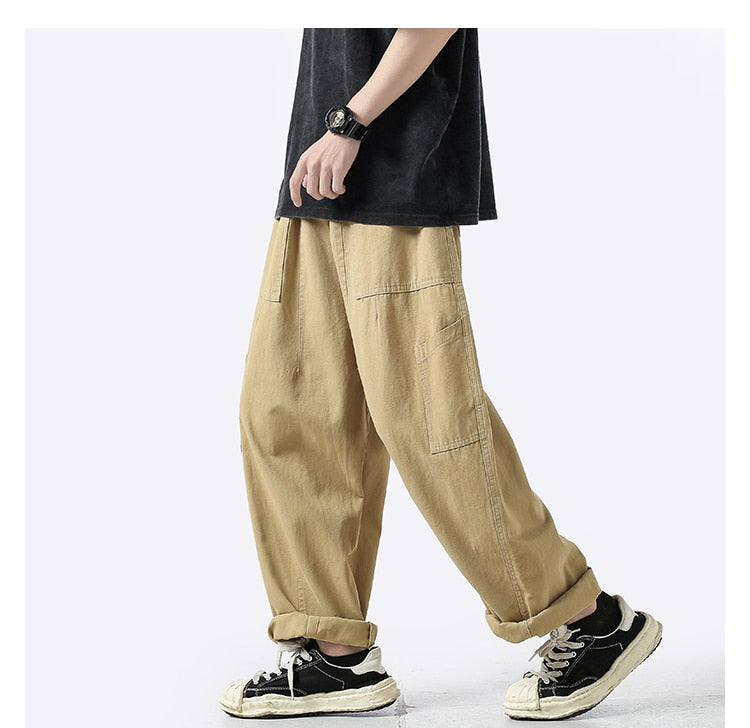 sanyamk Summer Cotton Pocket Casual Pants Men Fashion Cargo Pants Men Japanese Streetwear Hip Hop Loose Straight Pants Mens Trousers