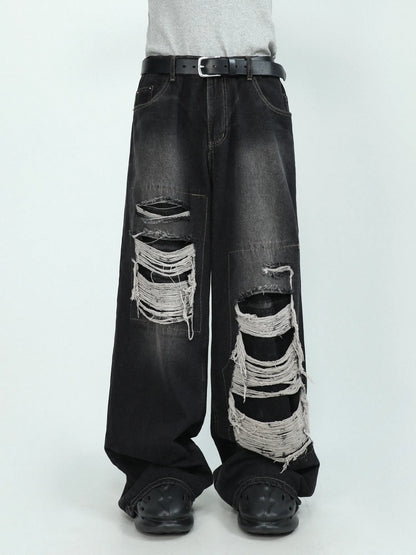 sanyamk American High end Perforated Denim Pants for Men's Design Sense Small and Loose Wide Leg Straight Leg Pants hiphop
