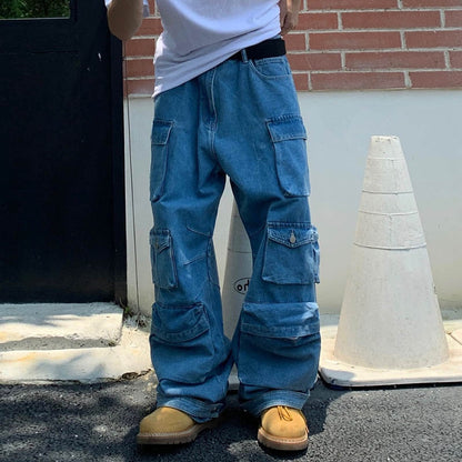 Bonsir Harajuku Solid Color Washed Blue Jeans Pants Men and Women Straight Streetwear Pockets Distressed Denim Cargo Trousers Oversize