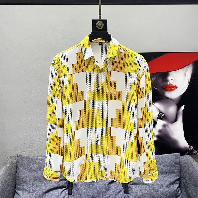 sanyamk Spring and Summer Autumn Fashion Classic Niche Design Ruffian Handsome Loose Casual Contrast Color Houndstooth Men's Shirt