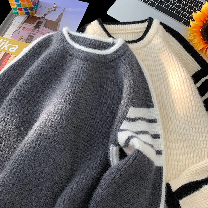 sanyamk New Patchwork Knitted Sweater Trend High Street Fashion Autumn and Winter Warm Men's Top Hip-hop Streetwear Clothing