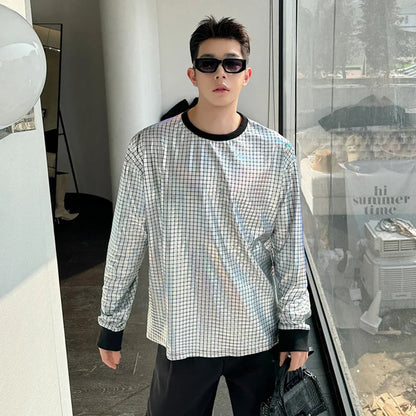 sanyamk  -  Korean Men's Round Collar T-shirt Fashion Bright Face Design Plaid Trend Long Sleeve T-shirts Pullover Top Trend 9C5122