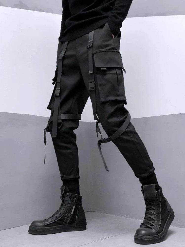 Bonsir Techwear Black Cargo Pants for Men Cargo Trousers Male Japanese Streetwear Hip Hop Spring Ribbon Pocket Harajuku Fashion