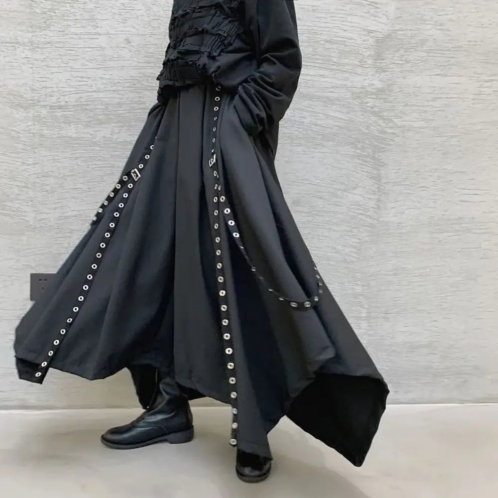 Bonsir Men Ribbon Dark Black Wide Leg Pants Male Women Japan Streetwear Punk Gothic Harem Trousers Kimono Skirt Pants