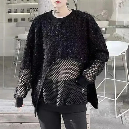 sanyamk Mens y2k sequin mesh stitching see-through sexy long-sleeved T-shirt autumn genderless nightclub fashion trend long top unisex