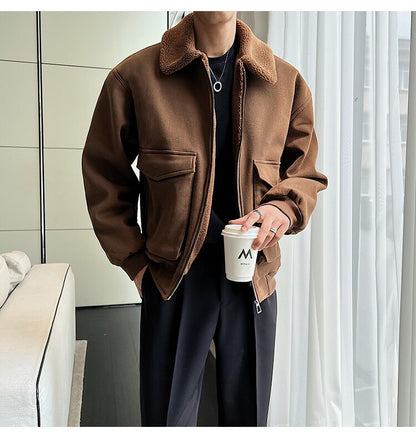 sanyamk Winter Men Lamb Fur Inner Fashion Loose Casual Vintage Short Cargo Jacket Male Japan Korean Streetwear Coat Outerwear