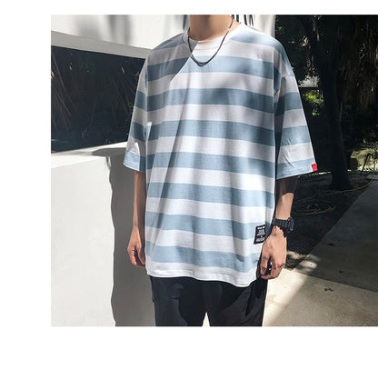 Bonsir New stripe Mens T Shirt Cotton  Summer  Male Oversized Tee Shirts 5XL Big Size Japanese Harajuku street Fashion Clothing