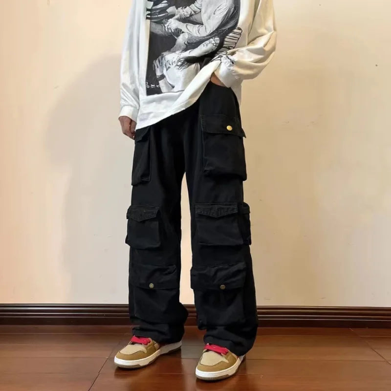 sanyamk Y2k  Hip-hop Cargo Pants Multi-pockets Tooling Pant Harajuku Men's Vintage Loose Wide Leg Pants Streetwear Casual Trousers