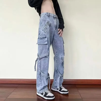 sanyamk American Style Vibezip-up Trendy Jeans For Men Loose-fit Bell Bottoms Ins High Street Gangsta Style Casual Workwear