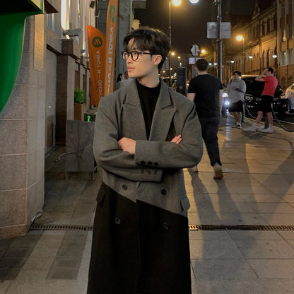 sanyamk Autumn Winter Korean Long Woolen Trench Coat Men Fashion Black Gray Contrast Color Patchwork Windbreaker Overcoat