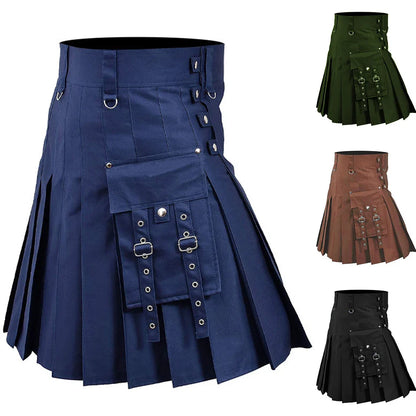 sanyamk Mens Pocket Bottom Scottish Casual Skirt 2024 New Genderless Fashion Youth Medieval Retro Simple Steampunk Contrast Color Skirt Unisex