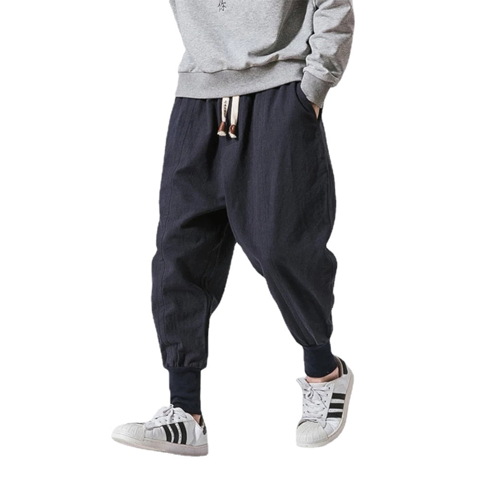 Bonsir Cotton Linen Harem Pants Men Solid Elastic Waist Streetwear Joggers New Baggy Drop-crotch Pants Casual Trousers Men