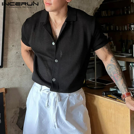 sanyamk Men Shirt Solid Color Knitted Lapel Short Sleeve Korean Style Summer Men Clothing Streetwear 2023 Casual Shirts S-5XL