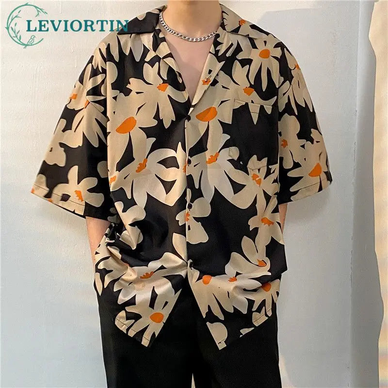 sanyamk Men's Light Mature Summer Beach Thin Blouse Shirt Hip Hop Versatile Casual Short Sleeve Fashion Male Loose Flower Print Shirts