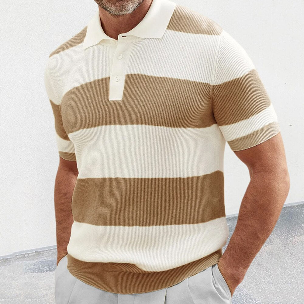 sanyamk Striped Contrast Color Knitted Polo Shirt Summer New Business Fashion Elegant Slim Lapel Casual Short-sleeved Top Men's Wear