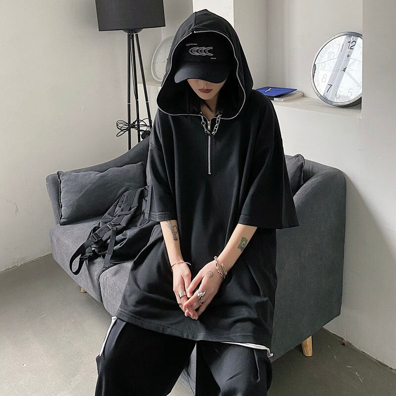 Bonsir Summer Korean style street personality solid color loose simple wild zipper hooded short-sleeved T-shirt for men