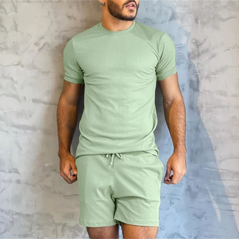 sanyamk Spring Summer Solid Color Casual Ribbed Two Piece Set Men Fashion Short Sleeve O Neck T-shirt And Shorts Suits Mens Clothes