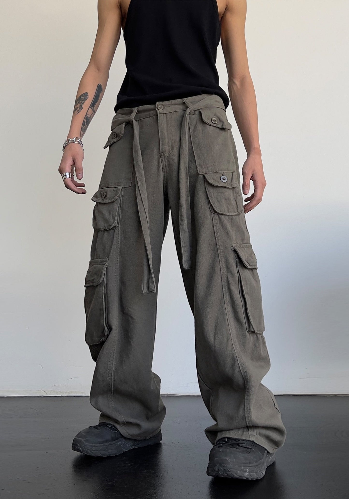 Bonsir High street retro casual large pocket overalls men's and women's new summer high waist loose straight tube draped wide leg pants