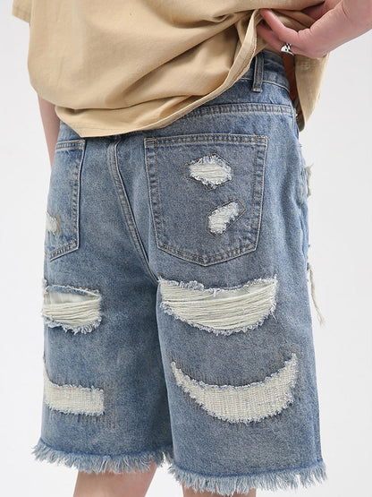 sanyamk Men's Shorts Wear Summer New Korean Fashion Loose Hole Burr Design Denim Casual Vintage Temperament Male T3930