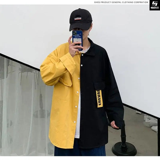 sanyamk  New Spring and Autumn Leisure Simple Flip Collar Letter Print Panel Contrast Loose Oversized Long Sleeved Men's Shirt Coat