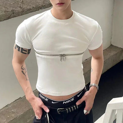 sanyamk Fashion Crop Tops Men T Shirt Zipper Solid O-neck Short Sleeve T Shirt Summer Y2k Streetwear Unisex Short Tees Casual Camisetas