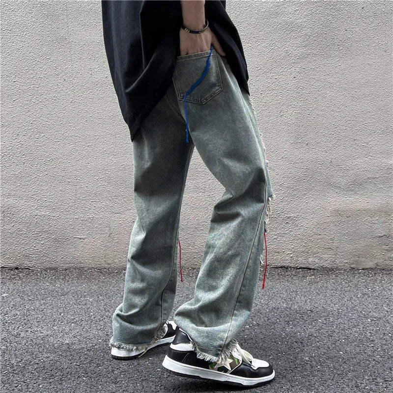 sanyamk Street high Street pants ins trendy embroidered worn-out hole denim jeans men men's beggar floor mop pants streetwear New