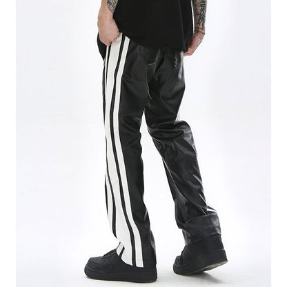 Bonsir Side Striped Straight Pu Leather Pants for Men High Street Breathable Harajuku Loose Track Pants Oversized Casual Trousers