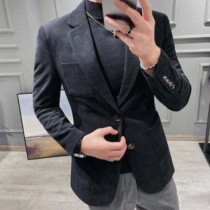 sanyamk British Style Fashion Men's Suit Jacket Slim Fit Handsome Suit Jacket Fashion Men's Business Jacket Corduroy Blazers Size S-3XL