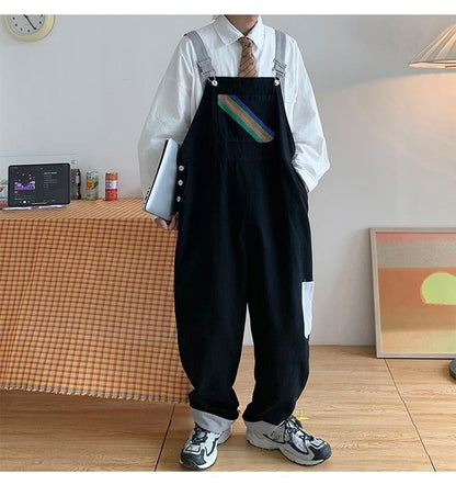 sanyamk Men Suspenders Jumpsuits Oversized Rainbow Printing Overalls Summer Straight Casual Pants Vintage Splicing Trousers Male Clothes