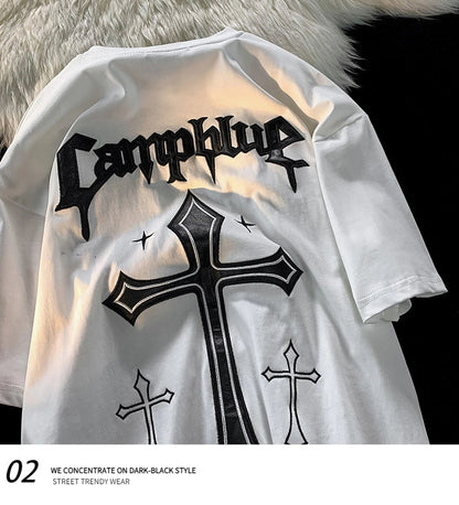 sanyamk 2022 New Arrival Top Fashion Summer Cotton O-neck Retro Heavy Print Short Sleeve Vintage Crucifix Gothic Personalized Tshirt