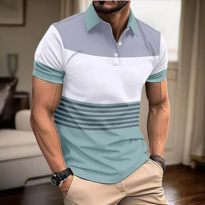 sanyamk Men's summer New short sleeved lapel 3D digital printed striped polo shirt fake pocket buckle men's business casual top