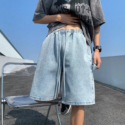 sanyamk Korean Style Summer Men's Blue Baggy Denim Shorts New Street Apparel Workwear Large Pocket Wide Leg Denim Shorts Blue