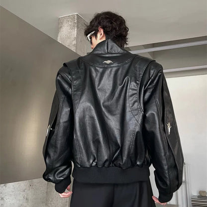 sanyamk Mens Solid Color Street Pu Leather Jacket Autumn Winter Genderless Fashion American Metal Star Decorated Biker Jacket Unisex