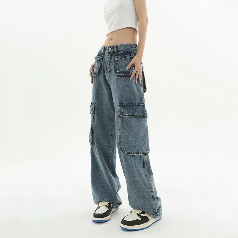 sanyamk Vintage Oversize Cargo Jeans Women Streetwear Fashion Wide Leg Pants Denim Elastic Waist Baggy New Straight Casual Trousers