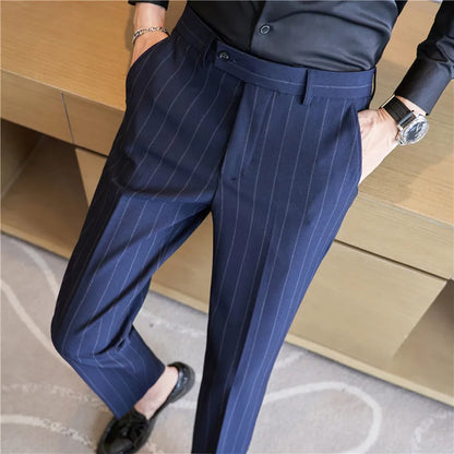 sanyamk England Style Men's Casual Striped Suit Pants Stretch Business Casual Long Slim Fit Trousers Black Blue Pencil Pants for Man