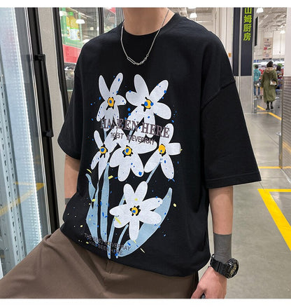 Bonsir Letter Flowers Print Summer Men Clothing Fashion Casual Harajuku Short Sleeve Tshirt XL 2XL Oversized Teenagers Streetwear