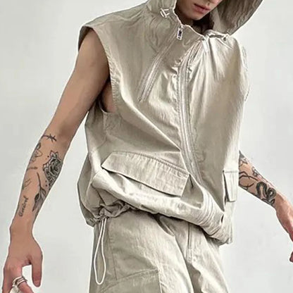 sanyamk Men Cargo Hooded Vest Summer Zipper Sleeveless Tops Male Korean Streetwear Hip Hop Unisex Hoodie Coat Fashion Waistcoat Jacket