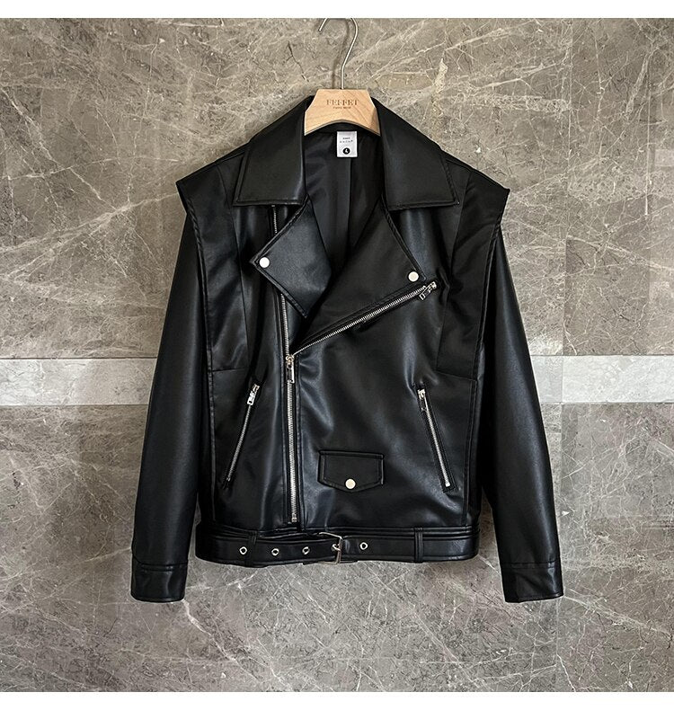 Bonsir men's wide shoulder motorcycle leather jacket male streetwear fashion rock punk loose causal leather coat outerwear