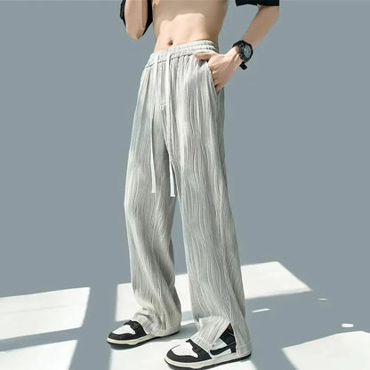 Bonsir Unisex Y2k Streetwear Casual Pants Men's Breathable Ice Silk Pleated Wide-leg Pants Summer New Thin LGBT Drape Mopping Trousers