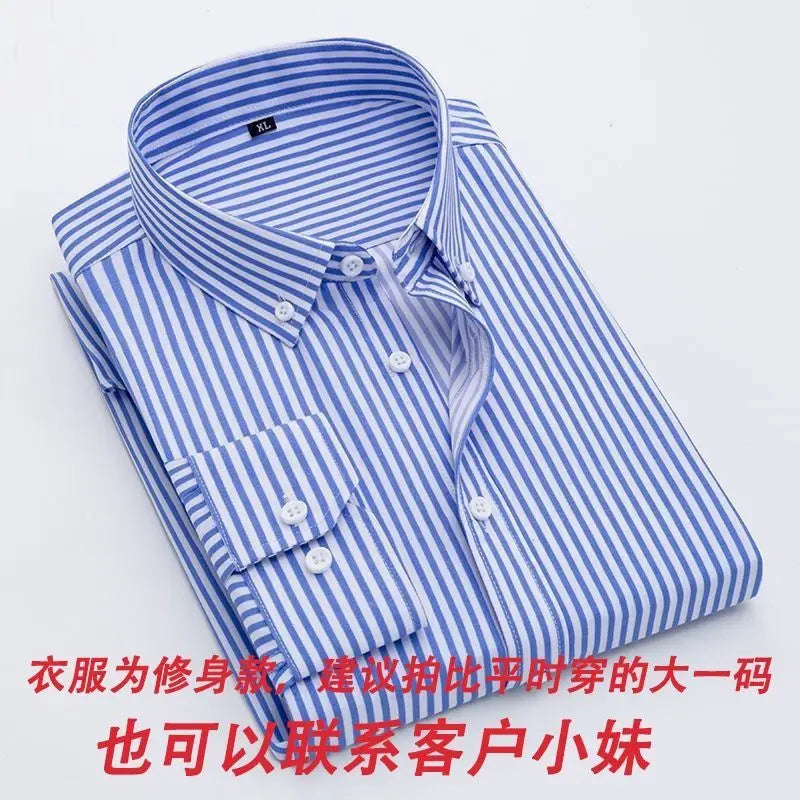 sanyamk New Spring and Autumn Long Sleeve Slim Fit Thin Casual Business Stripe Polo Collar Panel Button Pocket Oversize Men's Shirt