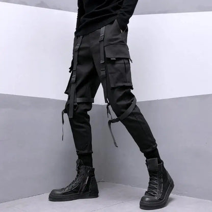 sanyamk Techwear Black Cargo Pants for Men Cargo Trousers Male Japanese Streetwear Hip Hop Spring Ribbon Pocket Harajuku Fashion