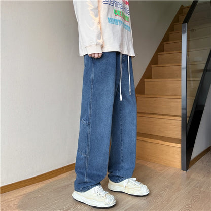 sanyamk Cargo Jeans Men's Baggy Wide Leg Denim Trousers Streetwear Spring Fashion Straight Elastic Waist Korean Stitching Hip-hop Pants