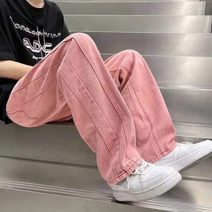 sanyamk Street Vibe Style Jeans Men's Loose Straight Pants Trendy Brand American Baggy Wide-leg Pants Pink Jeans Spring and Autumn