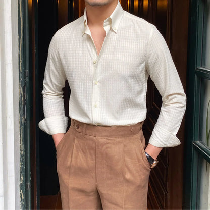 sanyamk  -  Men Gentlemen Seersucker Casual Long-sleeved Shirt Retro Breathable Anti Wrinkle Shirt Italian Slimming Trend Camiseta Masculina