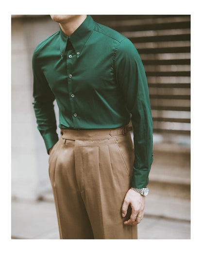 Bonsir Fall Leisure British Business Shirt Design British Men Cuba Collar Slim Solid Green Shirt Camisa Social Masculina Men Shirt